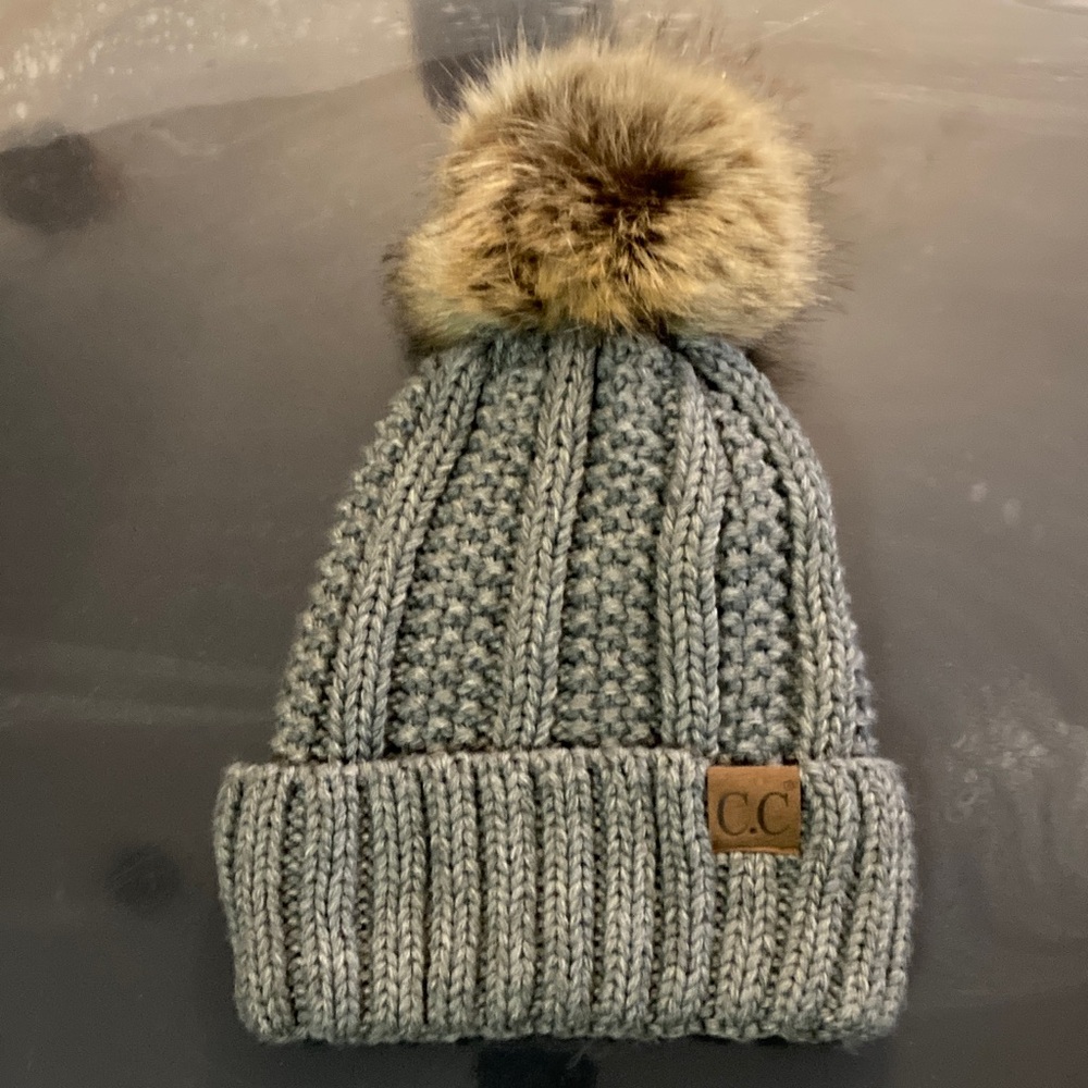C.C Knit Beanie with Faux Fur Pom